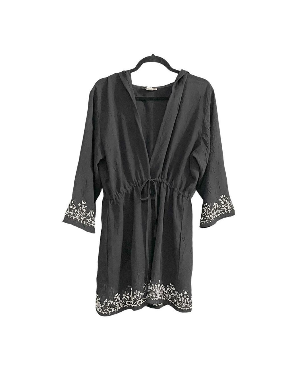 PEPPERMINT BAY Semi-Sheer Embroidered Swimwear Coverup Hood Black White  L